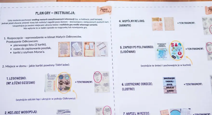 Instrukcja gry podchody "Tajnej Misji". Zawiera wskazówki, jak ukryć listy i zagadki, oraz przykłady kart do ukrycia w domu.