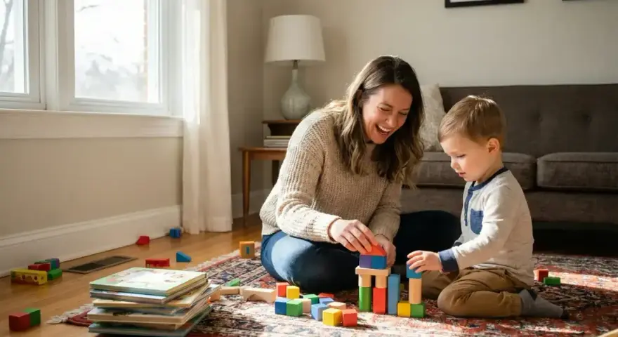 Mama i jej 5 latek budują wieżę z klocków na dywanie. Radosna zabawa w domu.