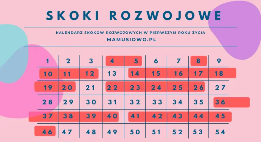 Kalendarz skoków rozwojowych w pierwszym roku życia dziecka. Zaznaczone dni to okresy intensywnego 5 skok rozwojowy.