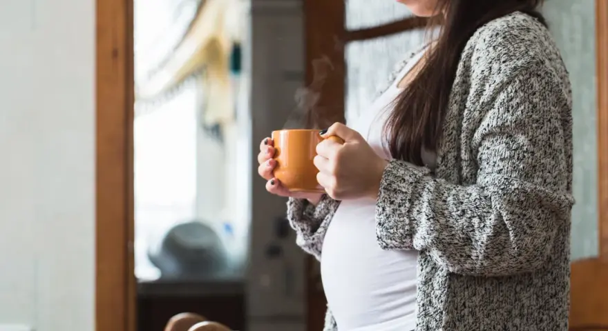 Ciepły napar z rooibos w dłoniach ciężarnej kobiety. Delikatny dym unosi się z kubka, tworząc chwilę spokoju.