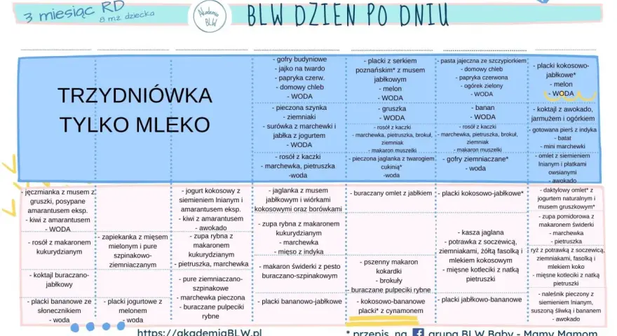 Tabela z propozycjami posiłków dla niemowląt, które stosują metodę BLW. Znajdziesz tu pomysły na śniadania, obiady i kolacje.