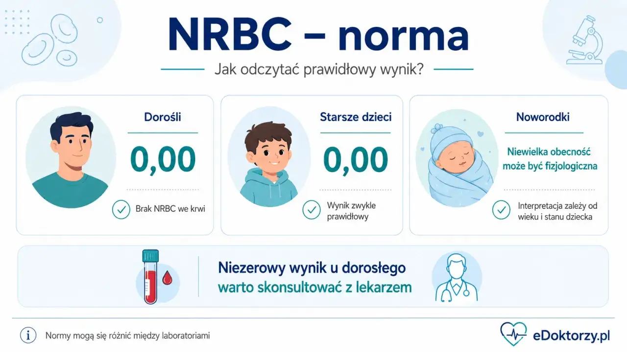 Norma NRBC u dziecka: 0,00 u dorosłych i starszych dzieci. U noworodków niewielka obecność może być fizjologiczna.