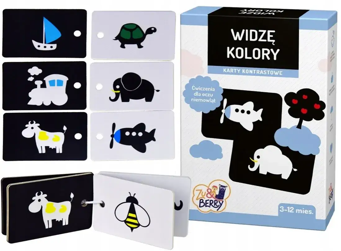Kontrastowe karty dla niemowląt i kolorowe zabawki