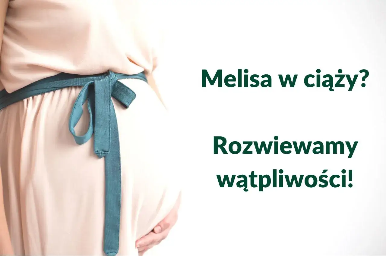Brzuch kobiety w ciąży, ozdobiony turkusową wstążką. Napis: 