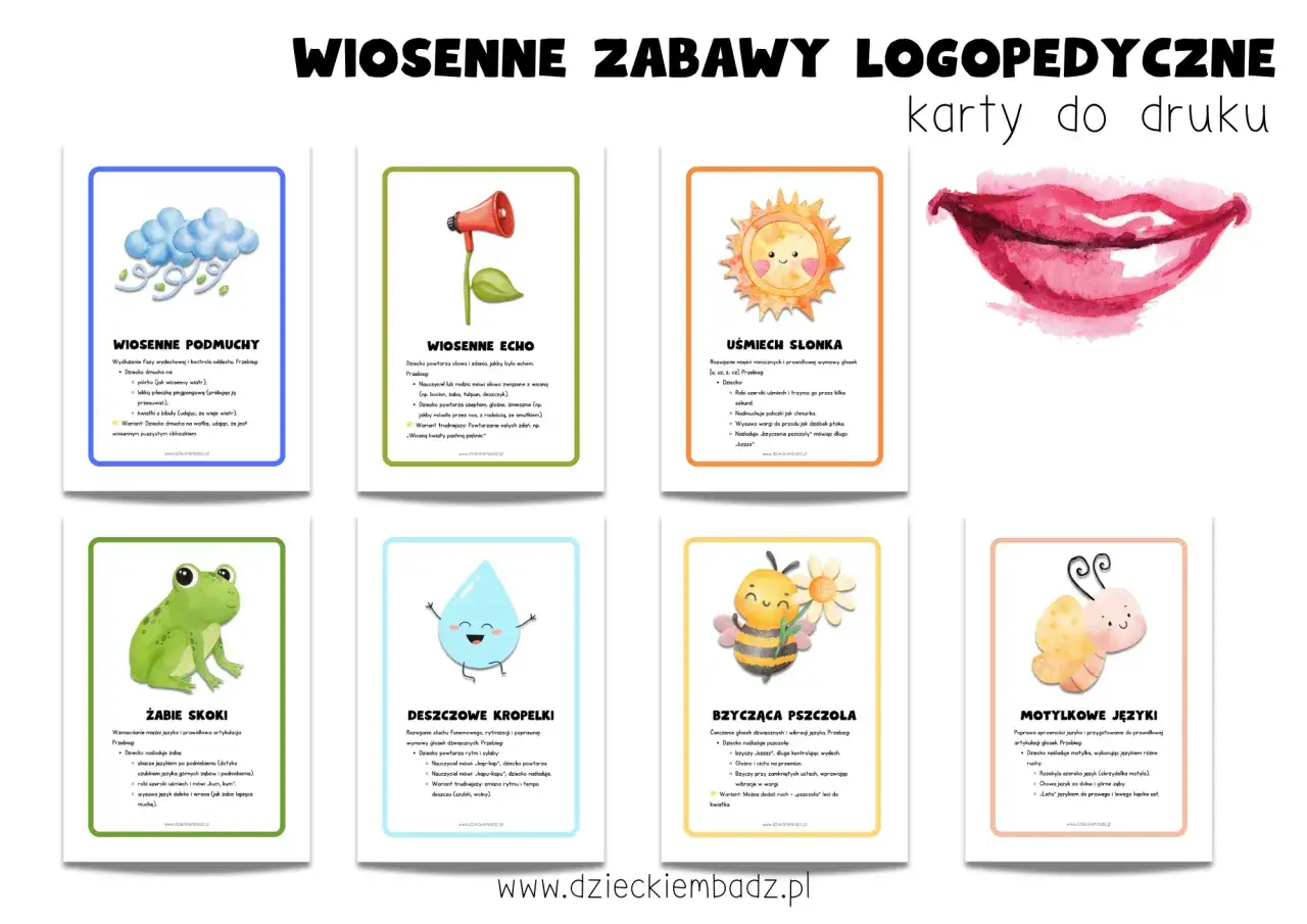 Wiosenne zabawy logopedyczne: karty z ćwiczeniami na oddech, echo, uśmiech, żabie skoki, deszczowe kropelki, bzyczącą pszczołę i motylkowe języki.