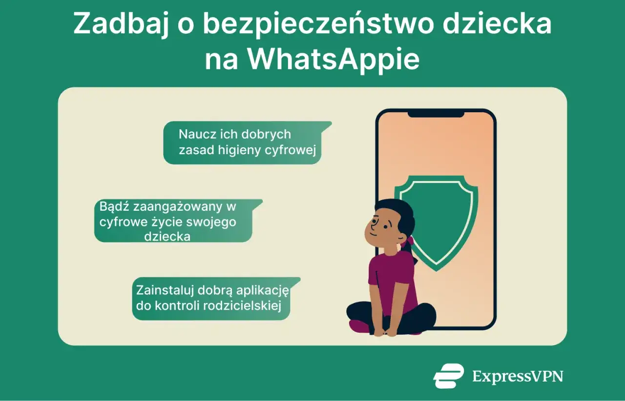 Dziecko i telefon z tarczą symbolizującą bezpieczeństwo na WhatsAppie. Dowiedz się, od ilu lat jest WhatsApp i jak chronić dzieci online.