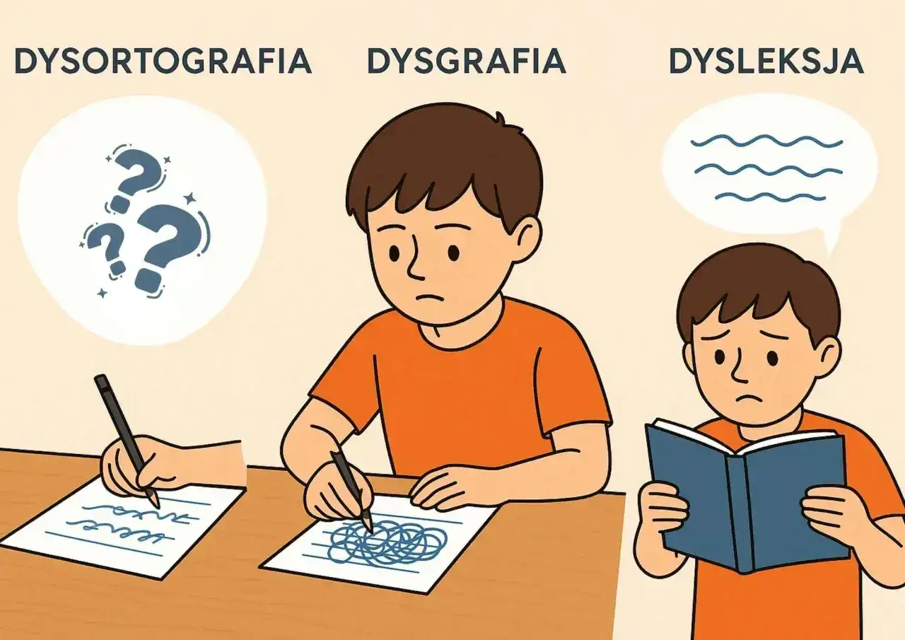 Chłopiec zmagający się z dysleksją, dysgrafią i dysortografią. Jeden pisze niezrozumiałe znaki, drugi bazgrze, a trzeci z trudem czyta.