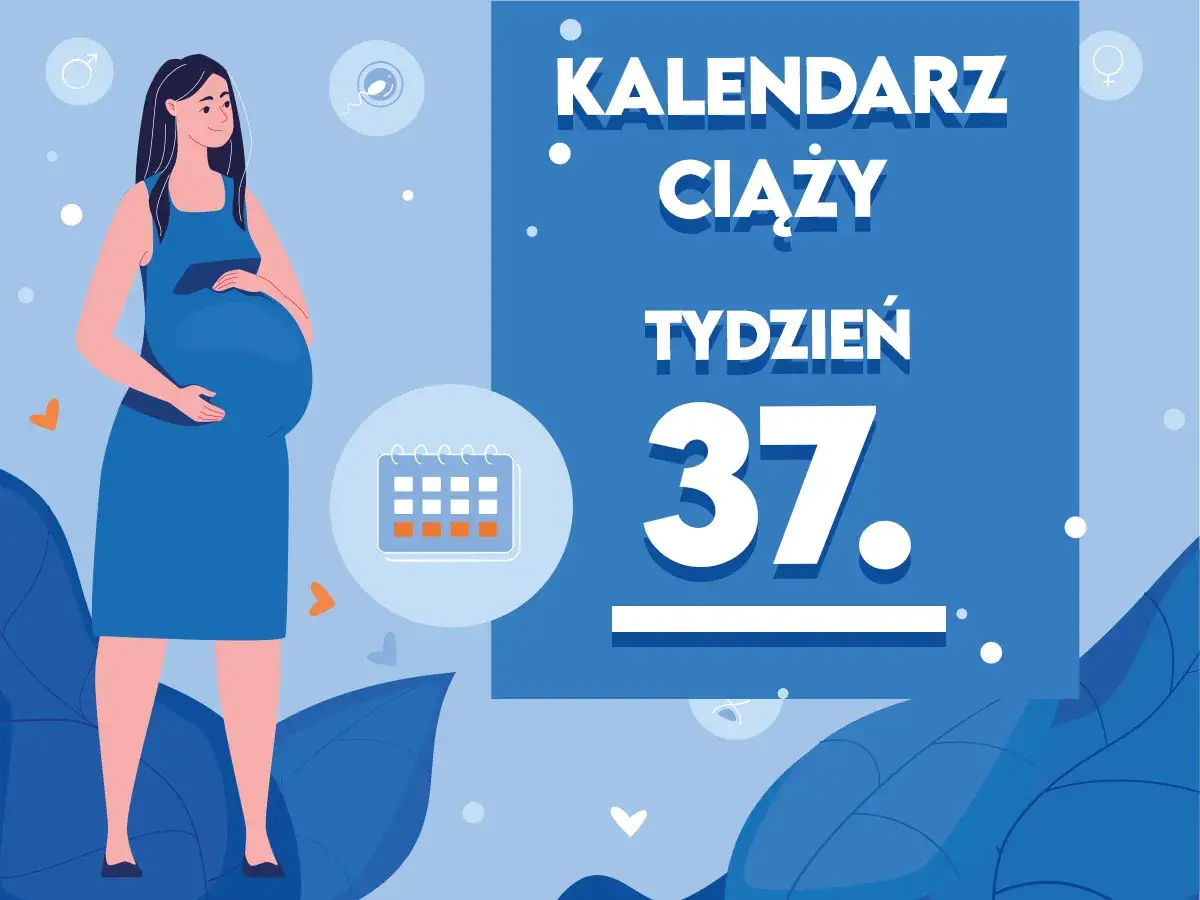 Kobieta w 37. tygodniu ciąży, blisko momentu, kiedy ciąża jest donoszona. Kalendarz ciąży wskazuje ten etap.