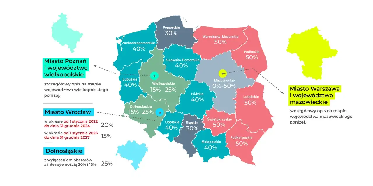 Mapa Polski z zaznaczonymi zarobkami opiekunek w regionach