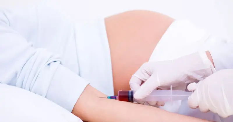 Pobieranie krwi do badań w 15 tygodniu ciąży. Brzuch ciężarnej i ręka z igłą strzykawki.